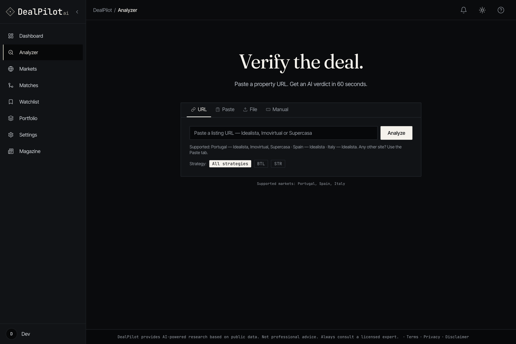 DealPilot AI analyzer — paste a property URL to get a full four-strategy verdict in about a minute