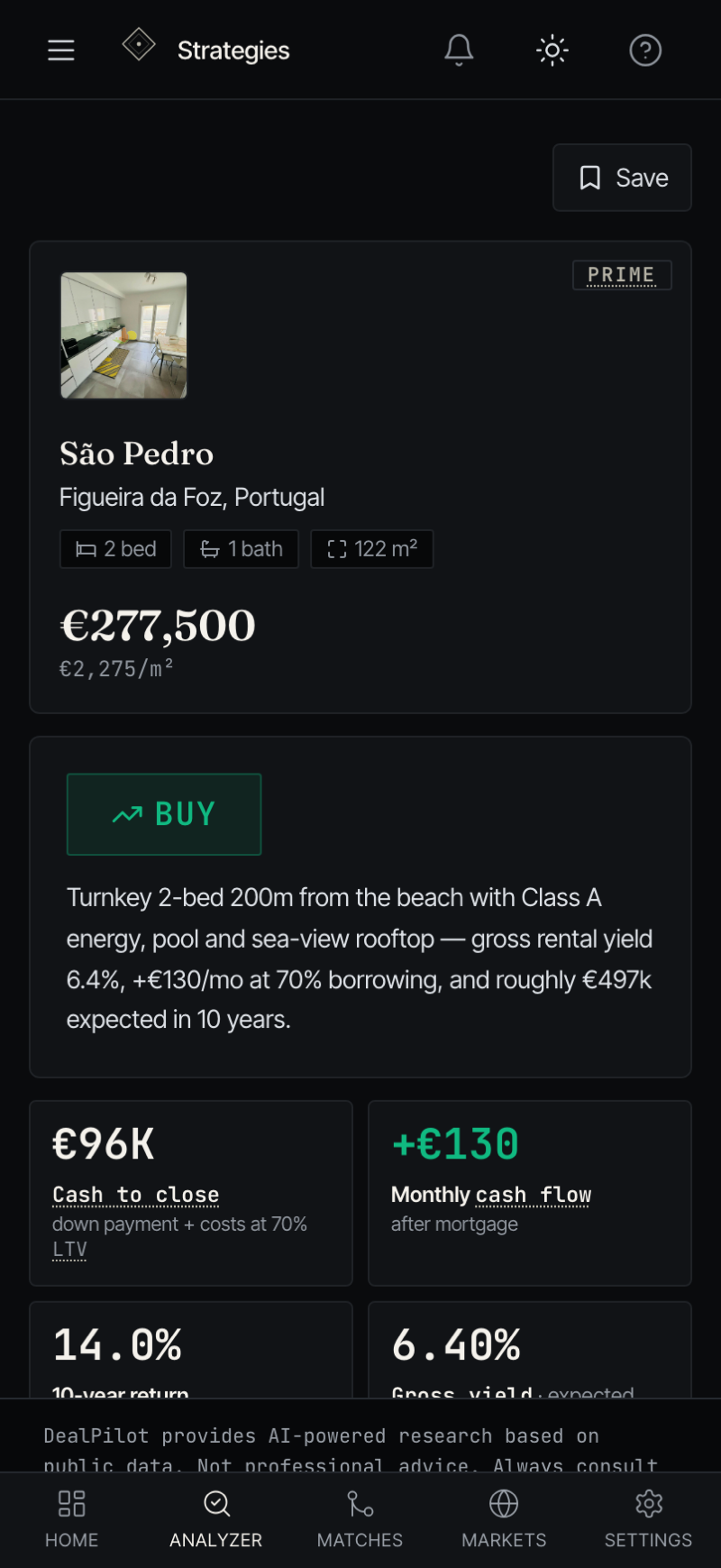 DealPilot AI on mobile — a BUY verdict with cash flow, yield and ten-year return