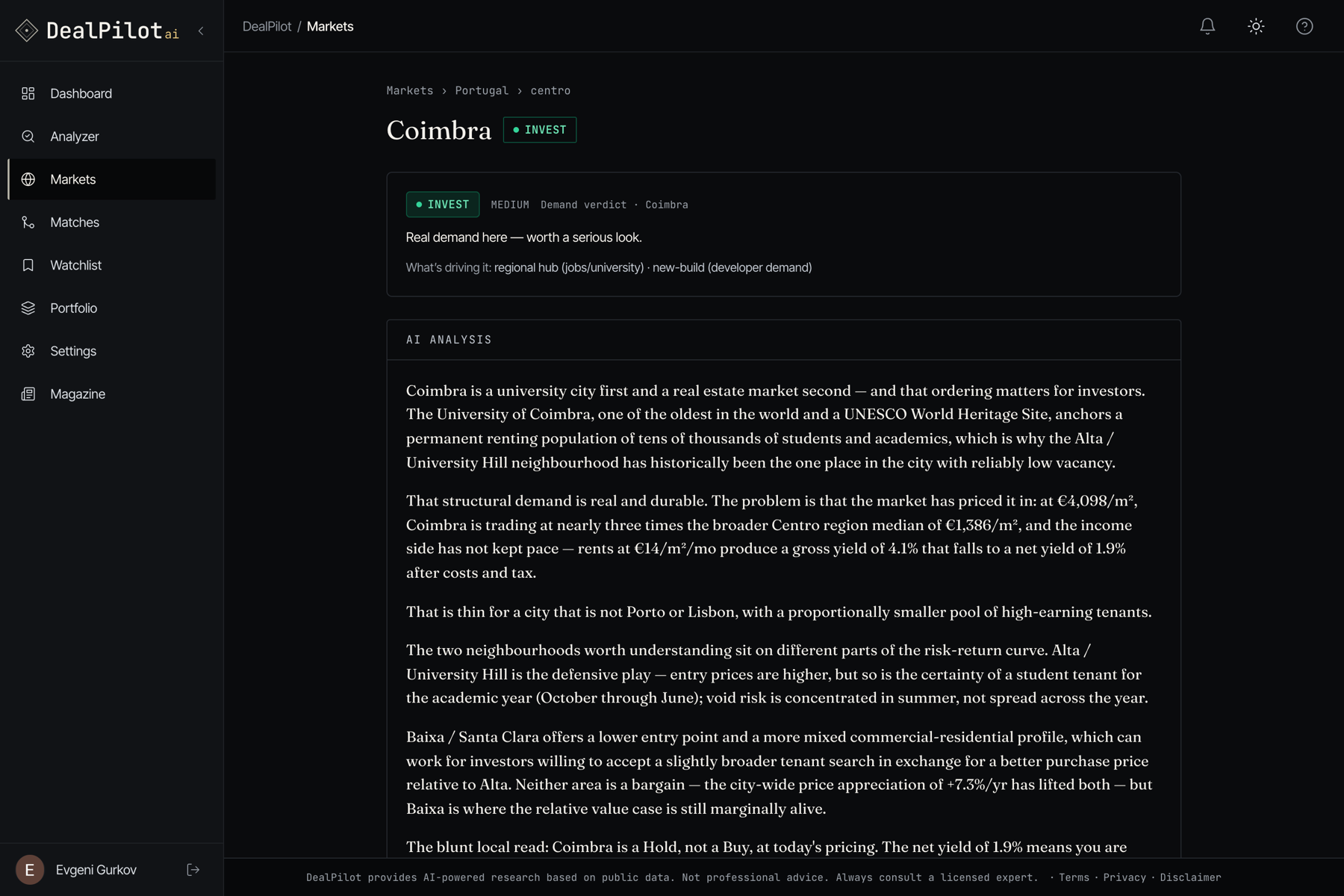 DealPilot AI city intelligence — yield by flat size, rent, price trend and a city verdict