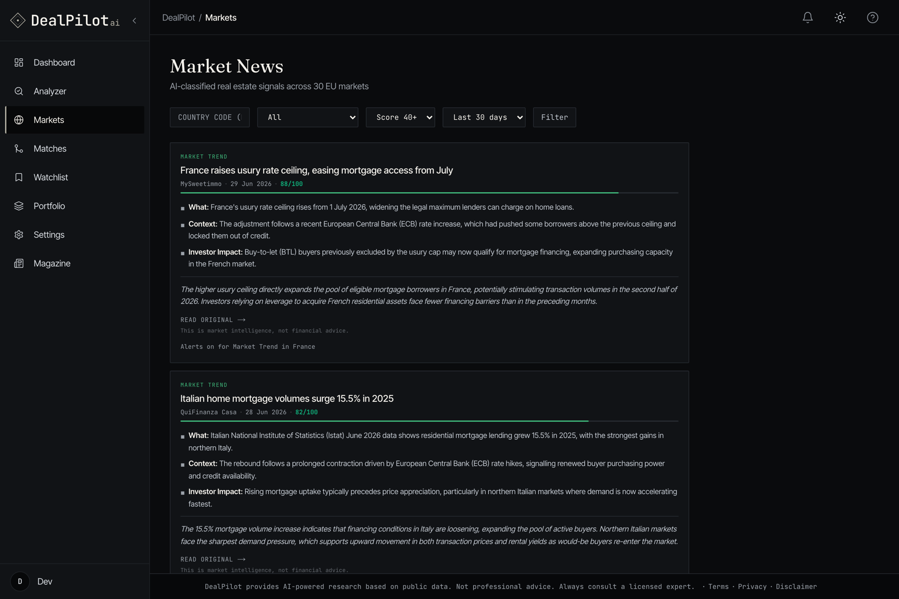 DealPilot AI news — a live feed of market-moving property news across the covered countries